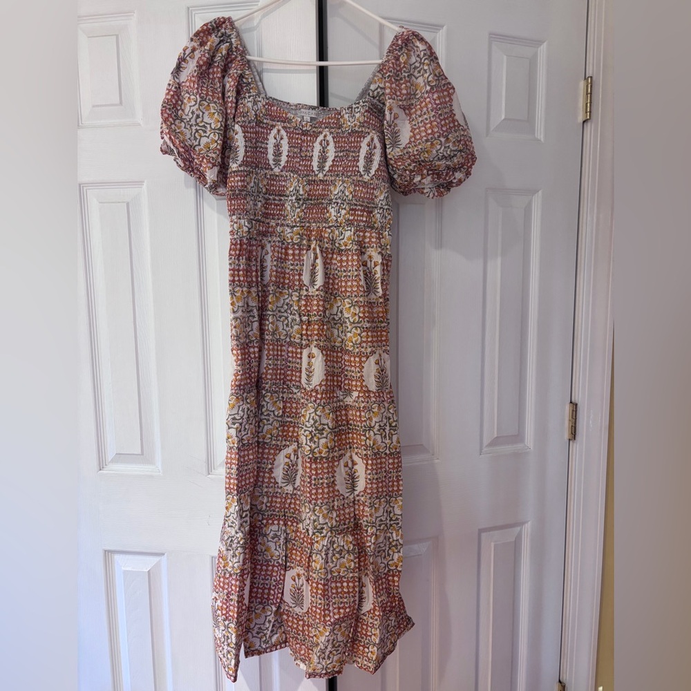 Anna Cate puff sleeve orange floral midi dress small